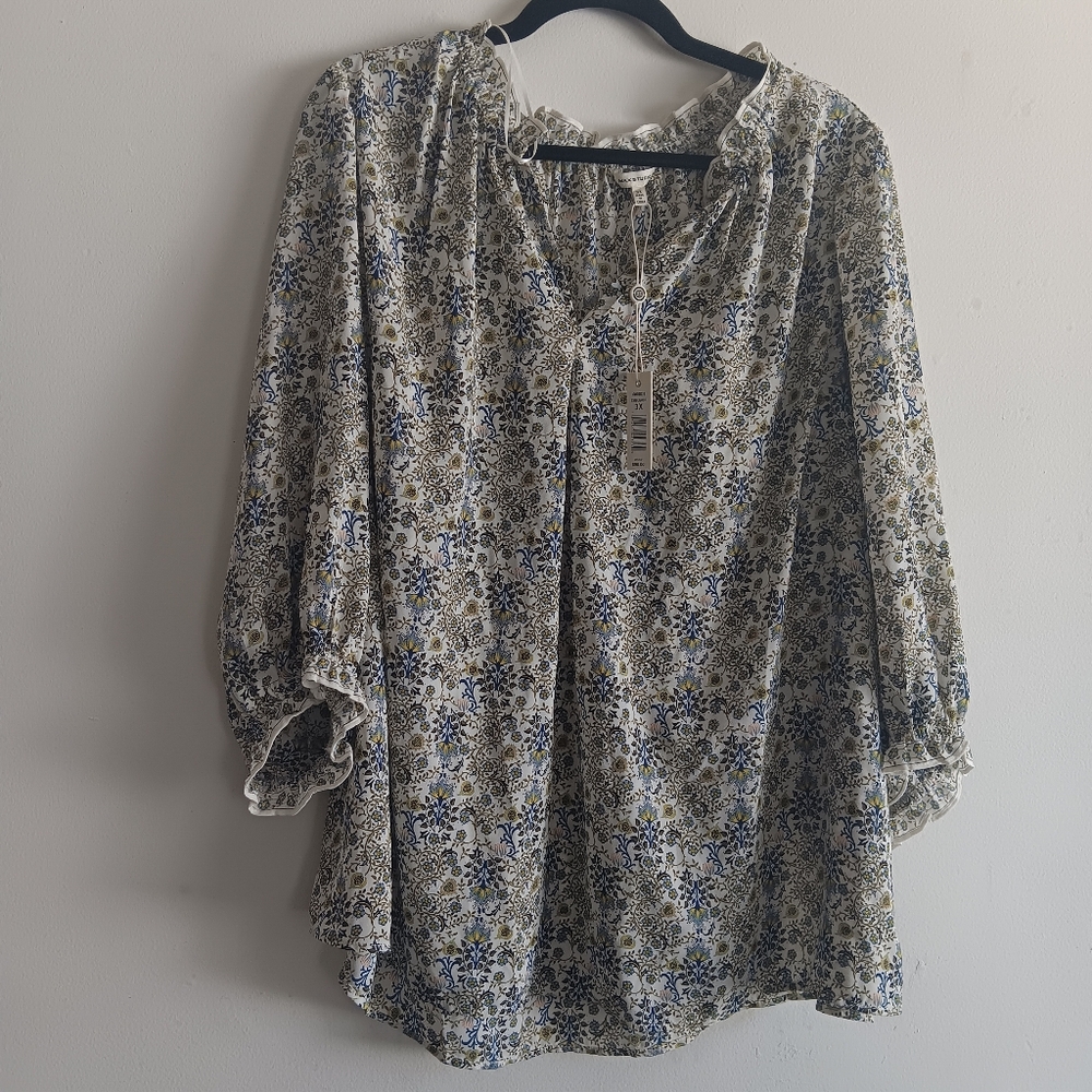 Max Studio Floral Coastal‎ Mature Blouse 3X Lightweight Sheer Flowy Boho NWT
